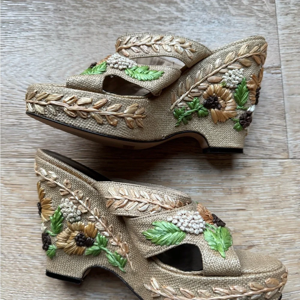 STRAW Bohemian Embroidered wedges sz7.5 Made Italy Isabella Fiore NEW PriceFirm